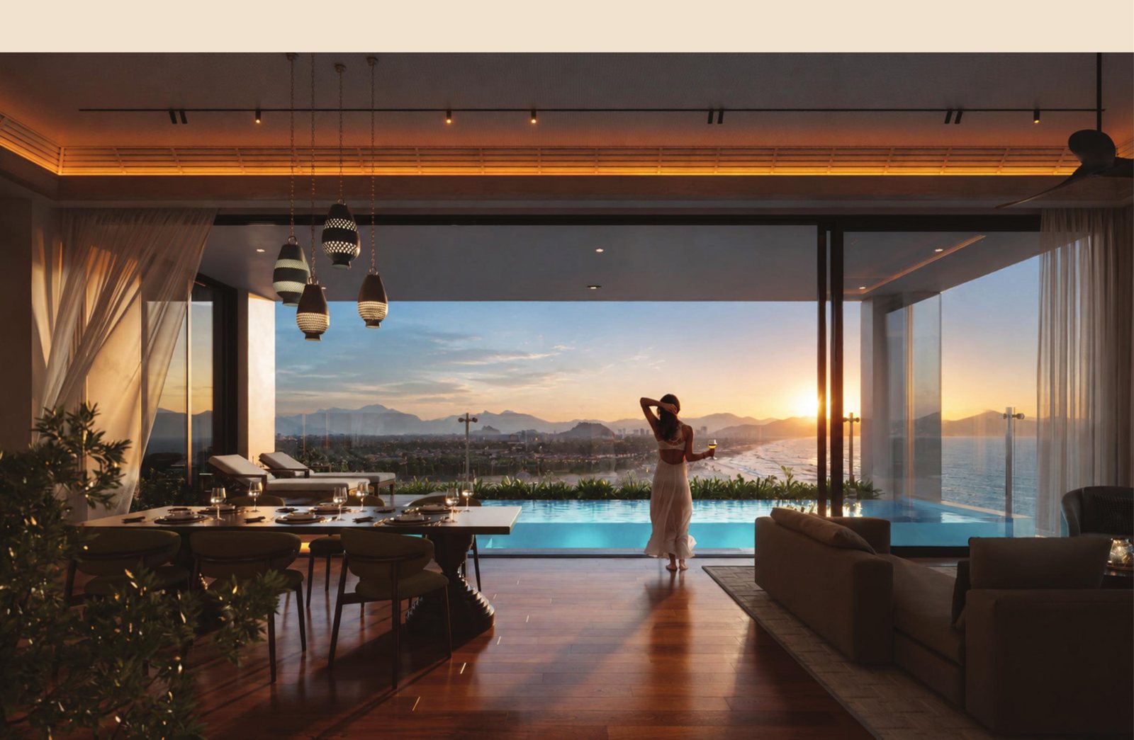 Sky Villa Arbora Đà Nẵng - sân vườn và hồ bơi riêng trên tầng cao, hoàng hôn hướng biển